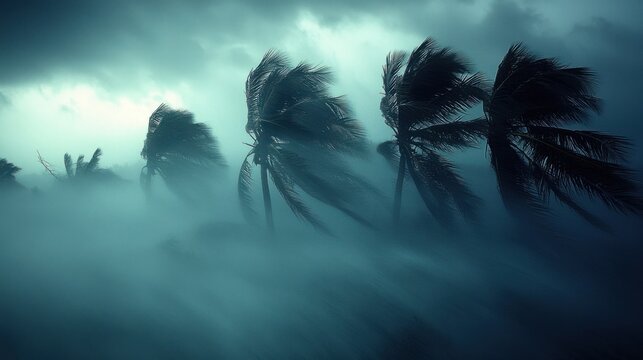 Tropical Storm Fury: Gale-Force Winds Bending Palm Trees in Extreme Weather Display of Powerful Wind