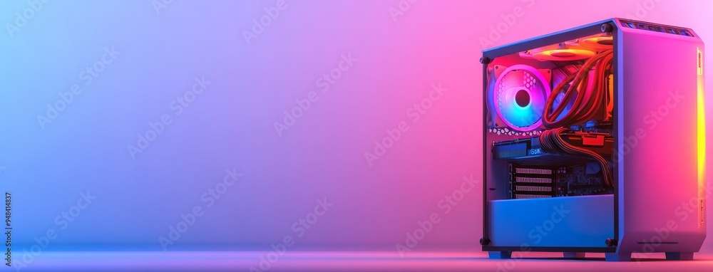Poster an isolated white background with a black custom gaming computer with glass windows and a colorful b