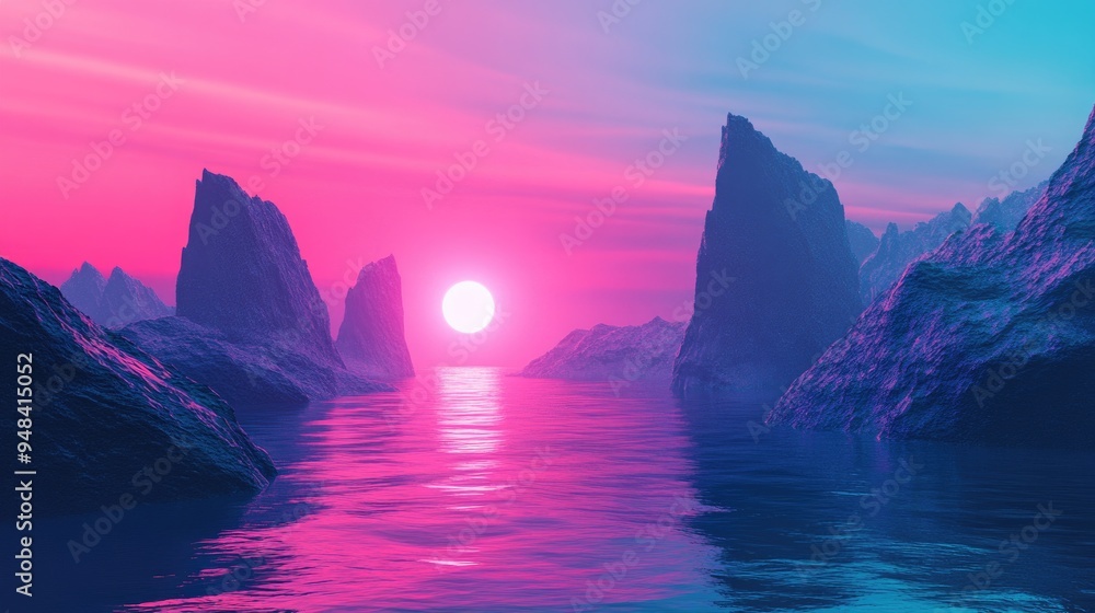 Poster 3d render of an abstract panoramic background featuring a seascape with cliffs under a pink blue nig
