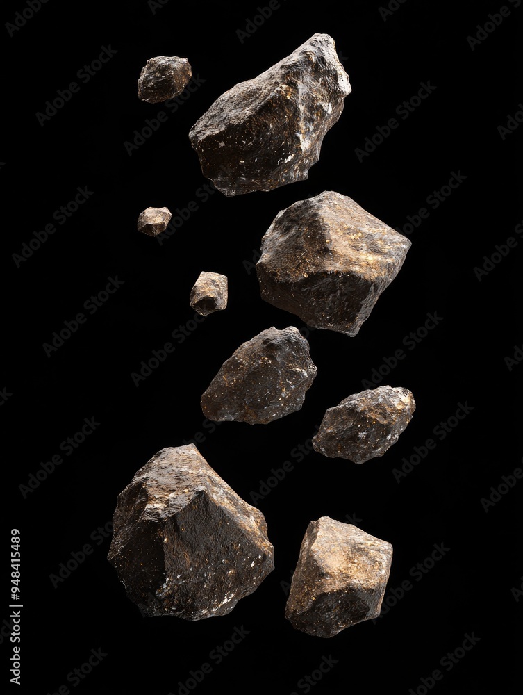 Poster 3d illustration of isolated asteroids against a black background featuring an included clipping path