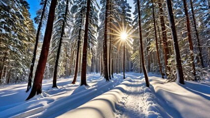 Naklejka premium Snowy Forest Path with Long Shadows