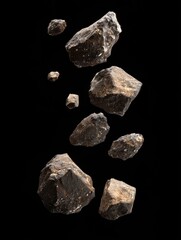 3D illustration of isolated asteroids against a black background featuring an included clipping path