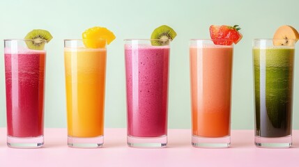 Fototapeta premium Tall glasses filled with assorted fruit smoothies are beautifully lined up, showcasing vibrant colors and fresh garnishes on a pastel background