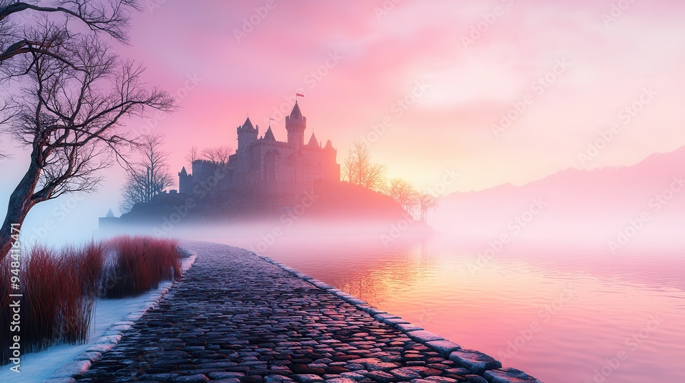 Wall mural Stone Path to a Castle in a Misty Sunset.