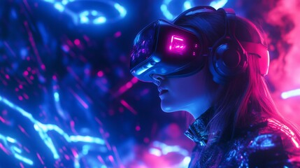 VR glasses on a woman in neon space, stock illustration, digital art