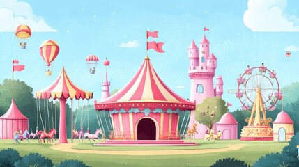 Obraz premium 2D cartoon illustration of a whimsical amusement park featuring a circus tent a pink fantasy castle a carousel with toy horses and an archery attraction under a vibrant blue sky perfect for family