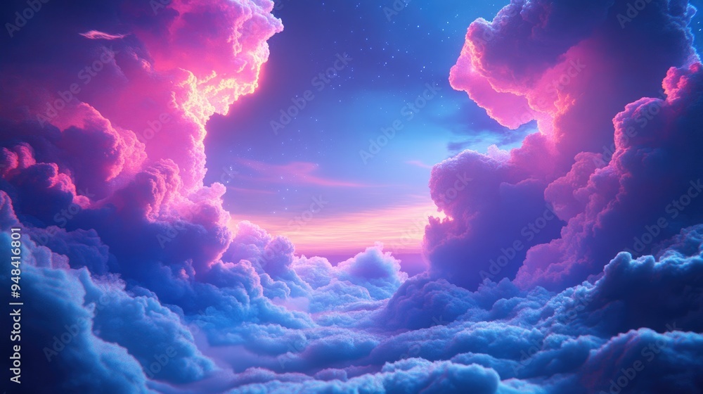 Poster 3d render of an abstract fantasy scene featuring a vibrant sky with luminous neon clouds glowing in 