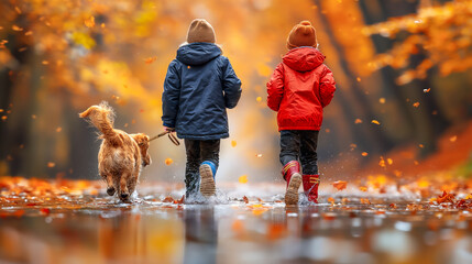 Two children with dog walking in through puddles in vibrant fall park i. Childhood and nature seasonal joy concept .