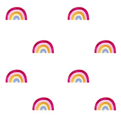 Children's cute magic seamless pattern with rainbow. Watercolor illustration on white background. For wrapping paper, textile, wallpaper