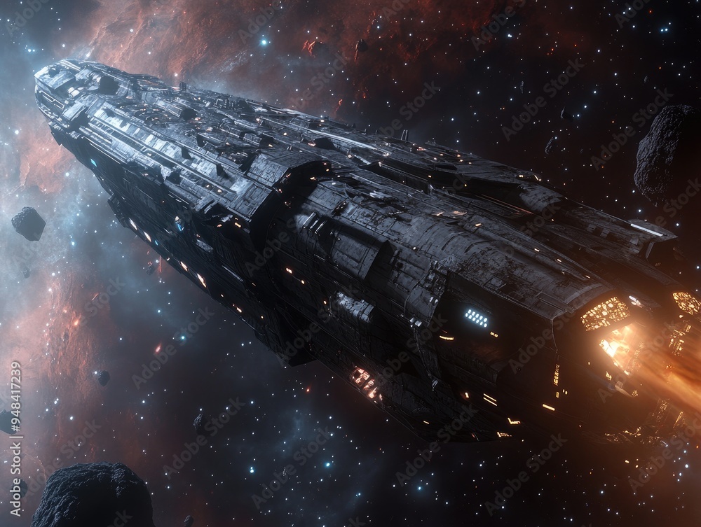 Poster 3d illustration depicting a fantastical space scene featuring a massive spaceship navigating through