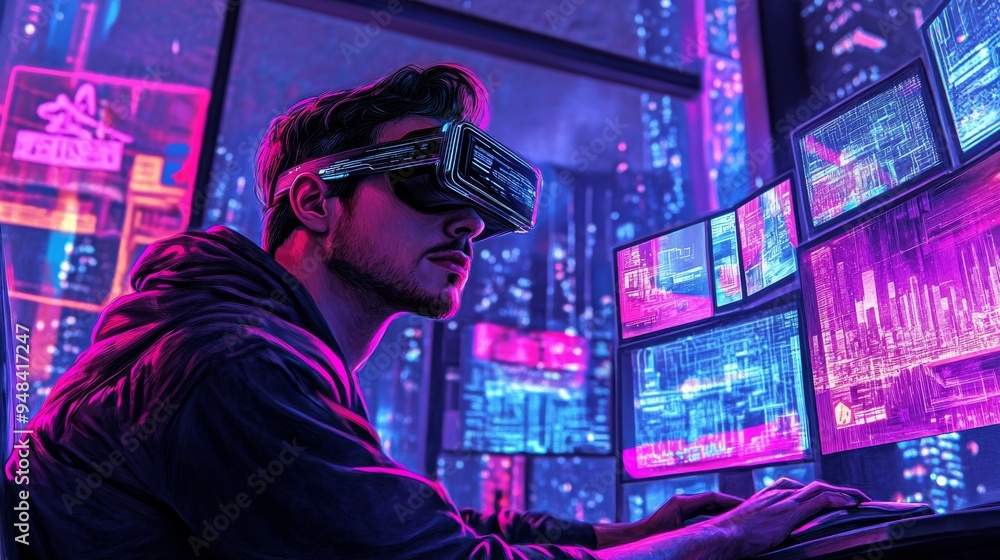 Aufkleber show a skilled cyberpunk hacker surrounded by holographic interfaces, intricate code, and virtual re