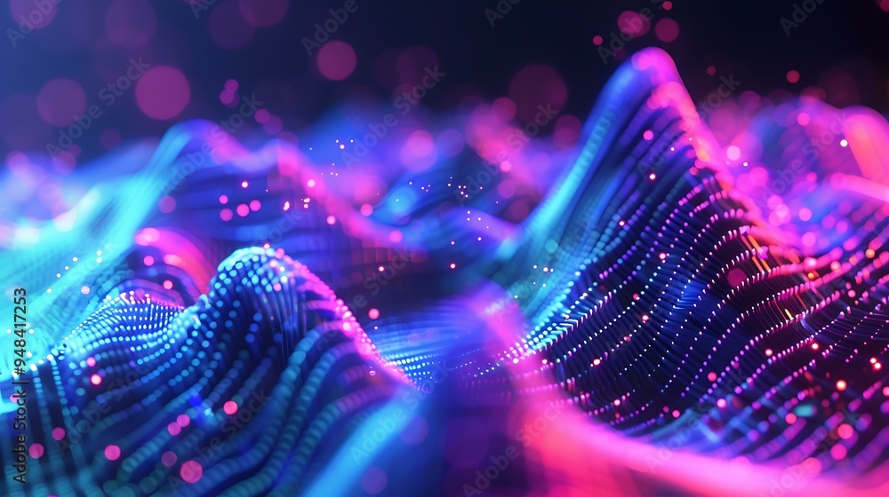 Poster a digital artwork showcasing frequency signal waves, with sharp, crisp lines in varying amplitudes, 