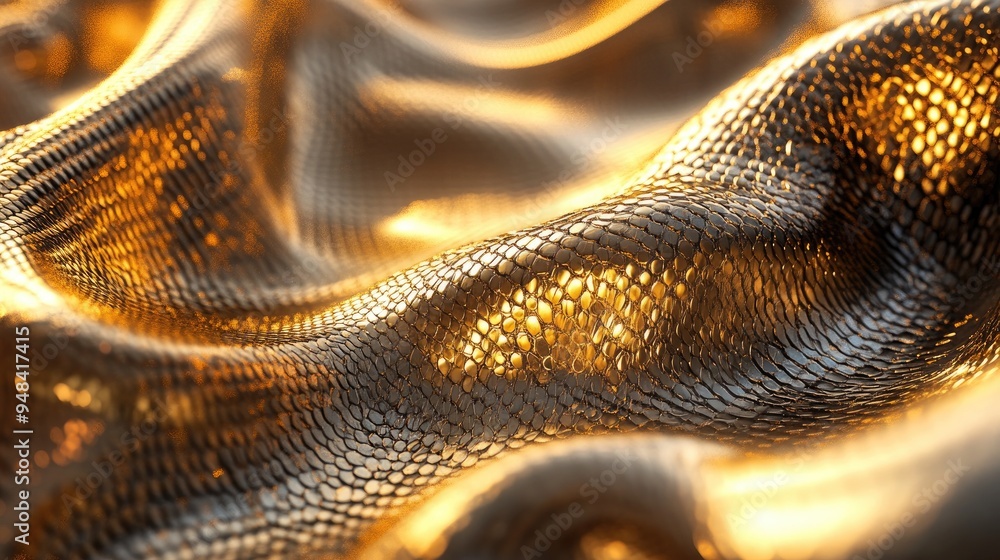 Poster 3d render of an abstract fantasy background featuring wavy intertwined golden snakes and a shiny met