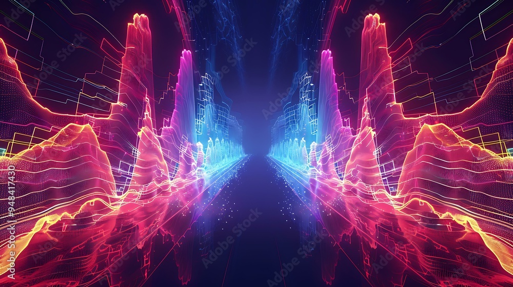 Poster a digital artwork showcasing frequency signal waves, with sharp, crisp lines in varying amplitudes, 