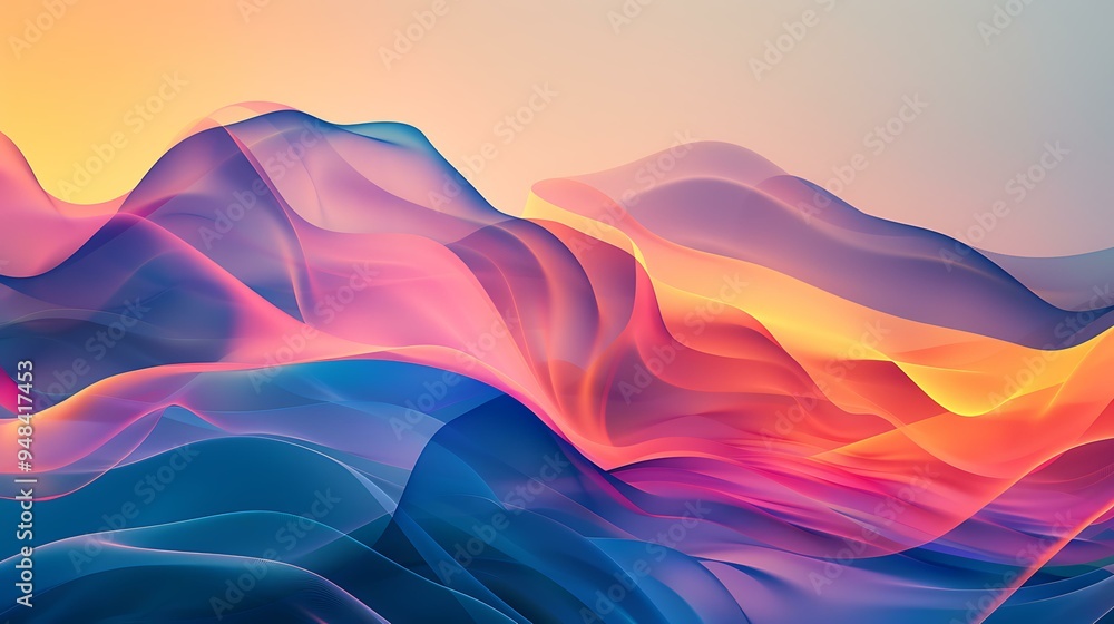 Poster a stylized graphic of frequency waves, featuring a series of overlapping curves and peaks in vibrant