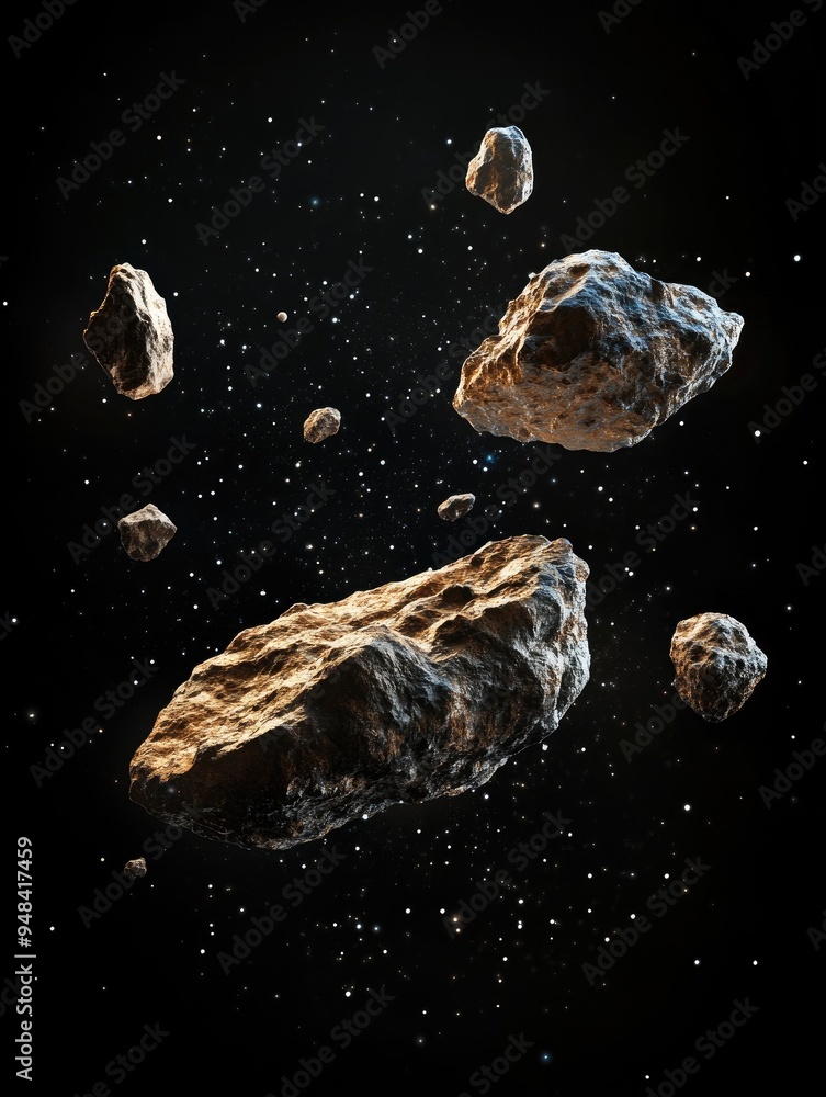 Poster 3d illustration of isolated asteroids against a black background featuring an included clipping path