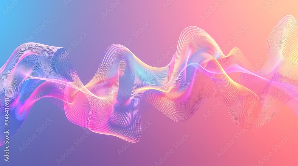 Poster a stylized graphic of frequency waves, featuring a series of overlapping curves and peaks in vibrant