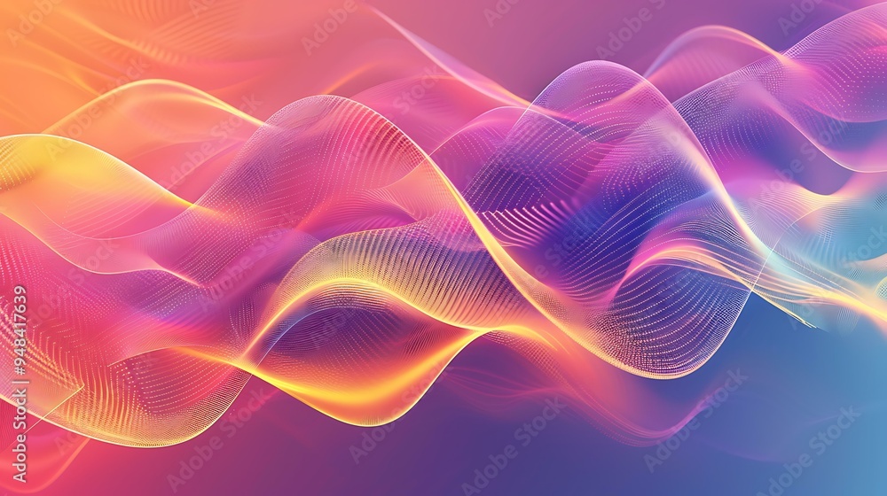 Poster a stylized graphic of frequency waves, featuring a series of overlapping curves and peaks in vibrant