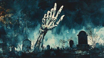 Spooky Watercolor Illustration of Skeleton Hand Emerging from Grave in Creepy Cemetery