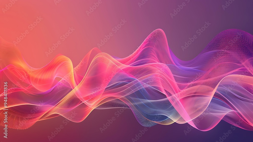 Poster a stylized graphic of frequency waves, featuring a series of overlapping curves and peaks in vibrant