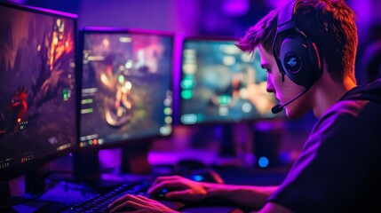 Gaming in a room lit up by blue purple neon lights, online lifestyle, Stock, a man interacting with the computer