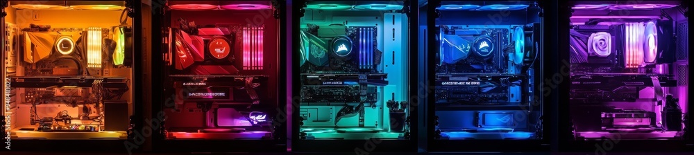 Aufkleber isolated white background with black and white custom gaming computer with glass windows and colorfu