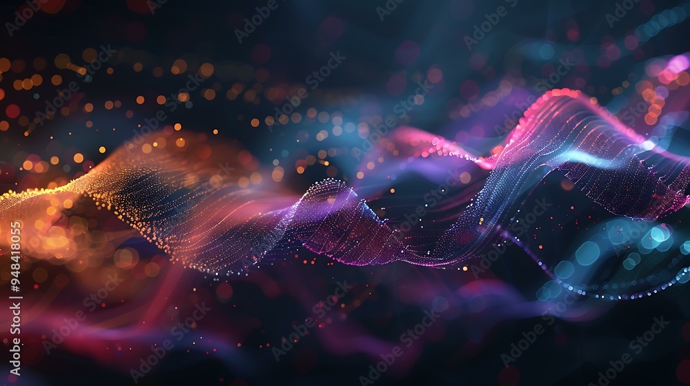 Poster A visual representation of frequency signal waves, displaying multiple sine waves in various colors, smoothly oscillating across a dark background with glowing edges to emphasize the rhythm