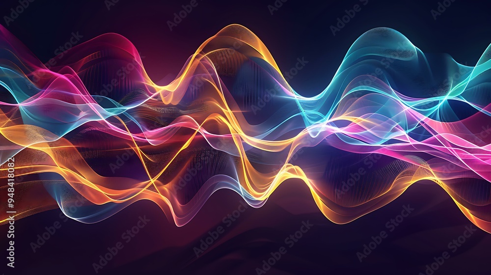 Poster a visual representation of frequency signal waves, displaying multiple sine waves in various colors,