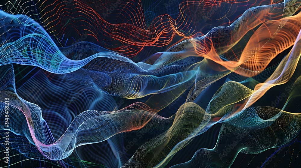 Poster an abstract depiction of signal waves, where intricate patterns of undulating lines in blue, green, 