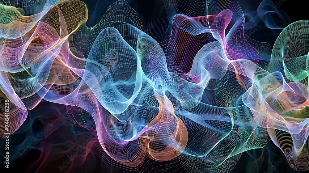 Poster an abstract depiction of signal waves, where intricate patterns of undulating lines in blue, green, 