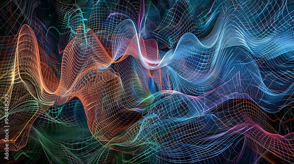 Poster an abstract depiction of signal waves, where intricate patterns of undulating lines in blue, green, 