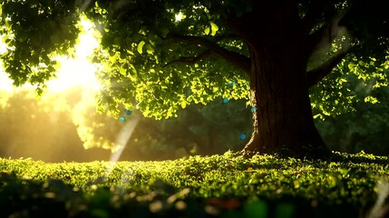 Majestic tree with golden sunlight filtering through leaves in a peaceful meadow. Seamless looping 4k time-lapse animation video background.