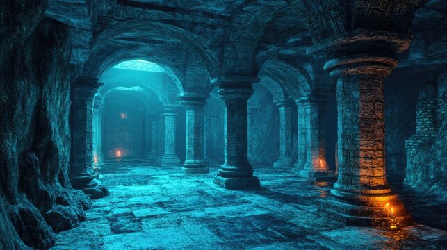 3D illustration of a mystical ancient temple catacomb setting