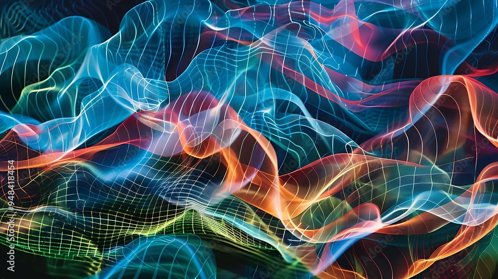 Poster an abstract depiction of signal waves, where intricate patterns of undulating lines in blue, green, 