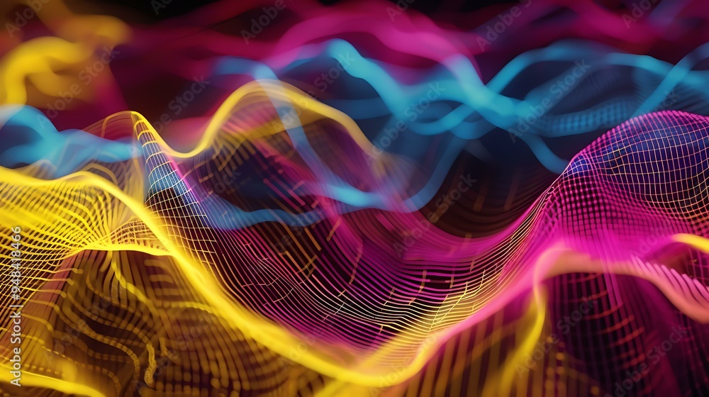 Poster an abstract image of signal waves, where smooth, continuous lines in shades of cyan, magenta, and ye