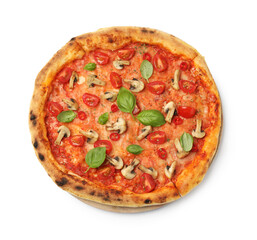 Delicious pizza with tomatoes, mushrooms and basil isolated on white, top view