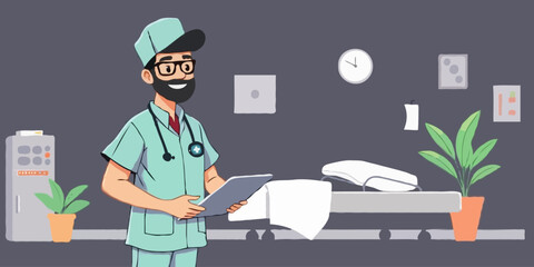 Cartoon vector illustration healthcare worker, Medical staff. Team of doctors. Hospital Room Interior With Doctor Analyzing The Patient