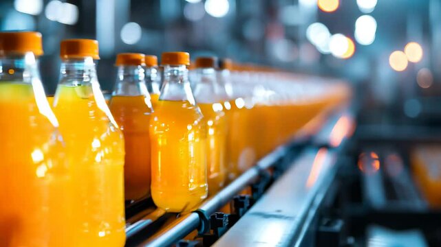  bottles fruit juice on the conveyor belt in the beverage factory, industrial, manufacture, production, line, plant, technology, juice, machine, machinery, equipment, automated