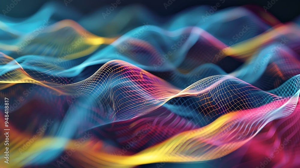 Poster an abstract image of signal waves, where smooth, continuous lines in shades of cyan, magenta, and ye