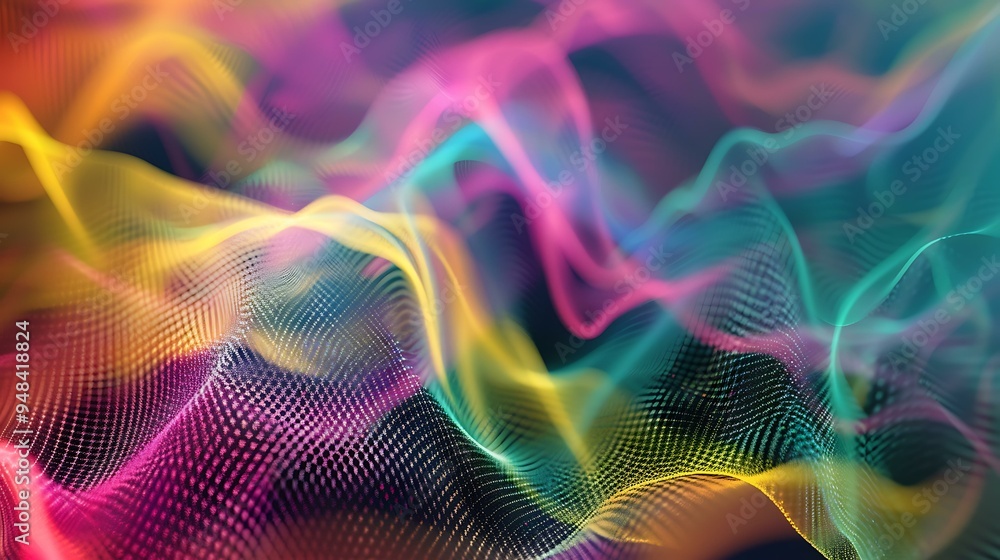 Poster an abstract image of signal waves, where smooth, continuous lines in shades of cyan, magenta, and ye