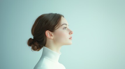 Side profile of a young woman with brown hair in a bun, wearing a white high-neck top, set against a soft blue-toned background.