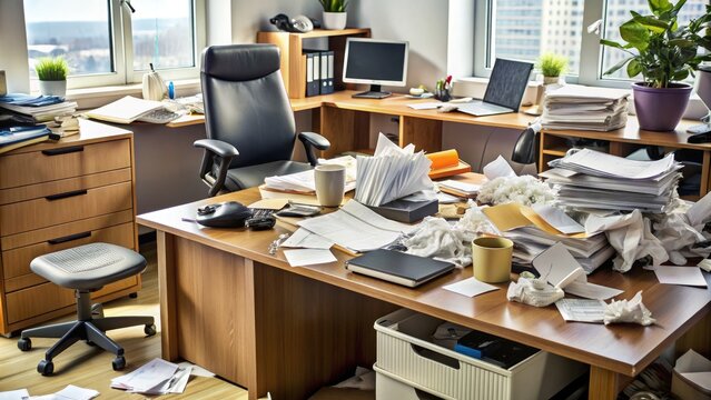 Disorganized office desk cluttered with scattered documents, crumpled papers, and torn notes, conveying a sense of frustration and chaos in bureaucracy or administrative tasks.