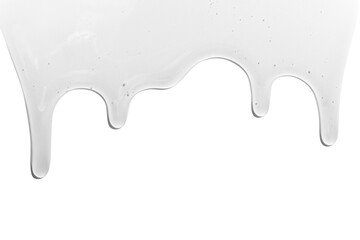 Flowing transparent liquid on empty background. Cosmetics, shampoo, serum, snail slime.