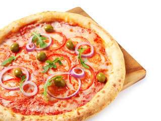 Delicious vegetarian pizza with fresh arugula isolated on white