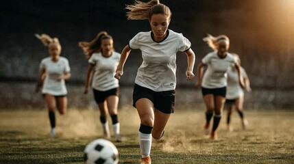 Charging Toward Victory: A female soccer player dominates the field, leading her team in a powerful display of athleticism and determination during a golden hour match. 