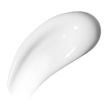 A drop of liquid smeared white cream with no background.