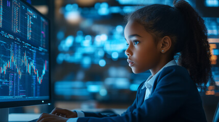 Determined girl in school uniform engages with blue-lit digital charts at her desk
