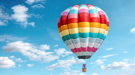 Naklejka premium Colorful hot air balloon floating in the blue sky with scattered clouds, representing freedom and adventure in a scenic view.