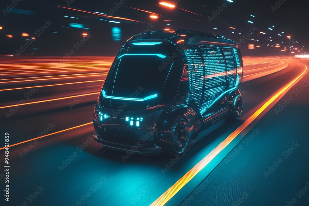 Poster introducing a selfdriving van for efficient urban package delivery, integrated with a userfriendly a