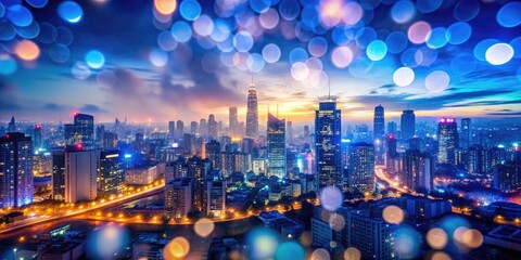 Dramatic cityscape at dusk, featuring a kaleidoscope of blurred lights, dominated by a vibrant blue hue, evoking a dynamic, surreal, and mesmerizing urban atmosphere.